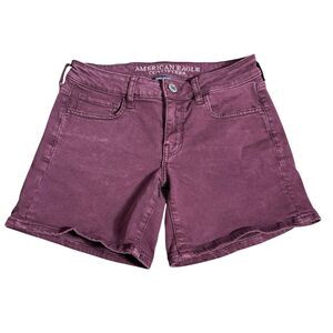 American Eagle Women's Jean Shorts Size 4 Maroon Midi AEO Twill X Stretch Denim